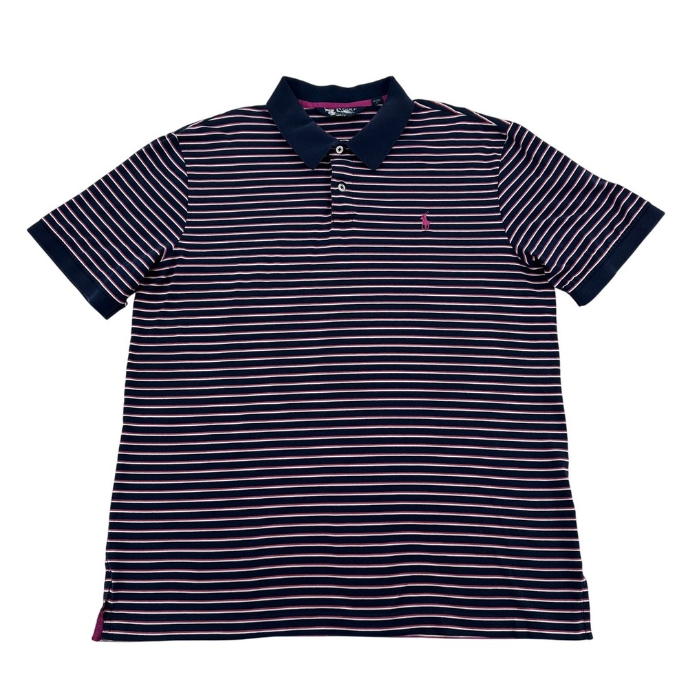 Ralph Lauren Men L Golf Polo Shirt Navy Pink White Stripe Pro Fit Short Sleeve